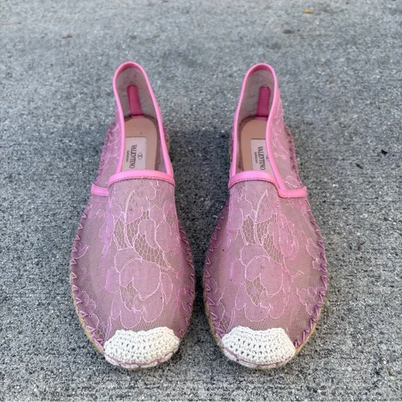 Valentino Garavani pink lace and leather espadrille flats size IT 36 US 6 NEW